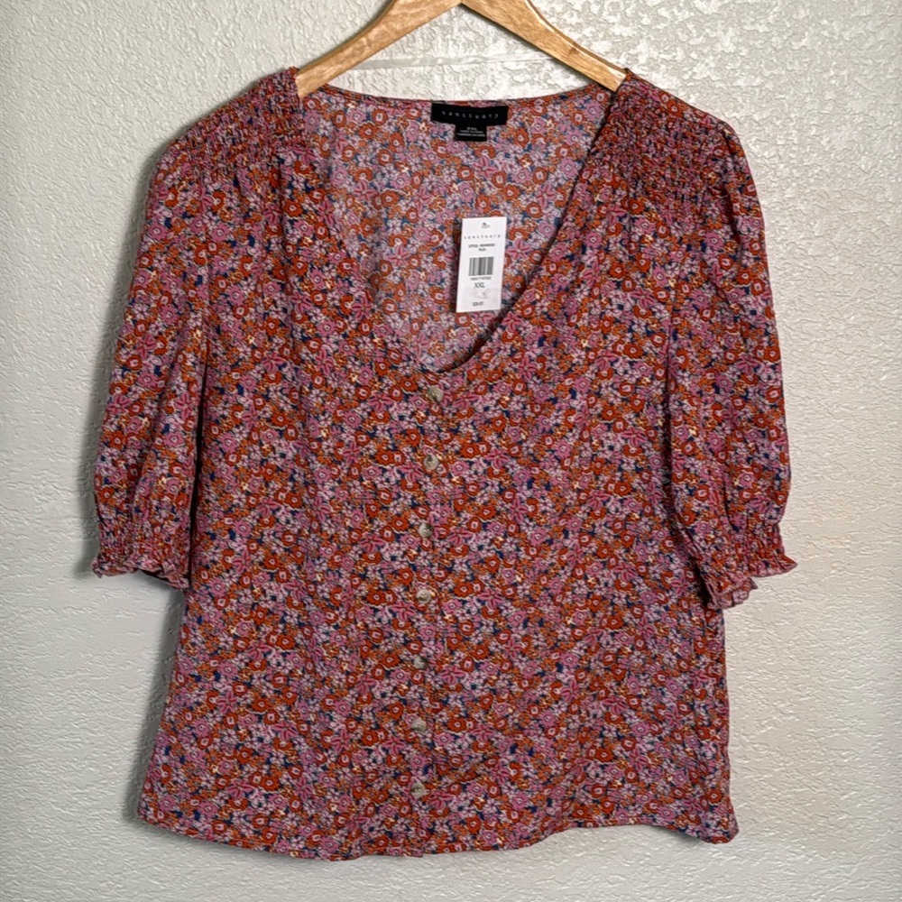 Sanctuary Women’s XXL floral Blouse V Neck Puff Sleeve Smocked Button‎ Up Spring